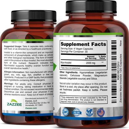 Zazzee Myo-Inositol Capsules — 2000 mg per Serving, 120 Vegan Capsules, 40:1 Ratio, Hormone Balance & Ovarian Support