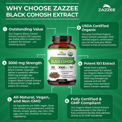 Zazzee USDA Organic Black Cohosh 10:1 Extract – 3000 mg Strength, 120 Capsules, 4 Month Supply | Made in USA