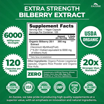 Zazzee USDA Organic Bilberry 20:1 Extract – 6000 mg, 120 Vegan Capsules, 4 Month Supply