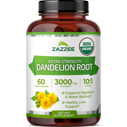 Zazzee Organic Dandelion Root 10:1 Extract - 3000 mg, 60 Capsules, 2-Month Supply