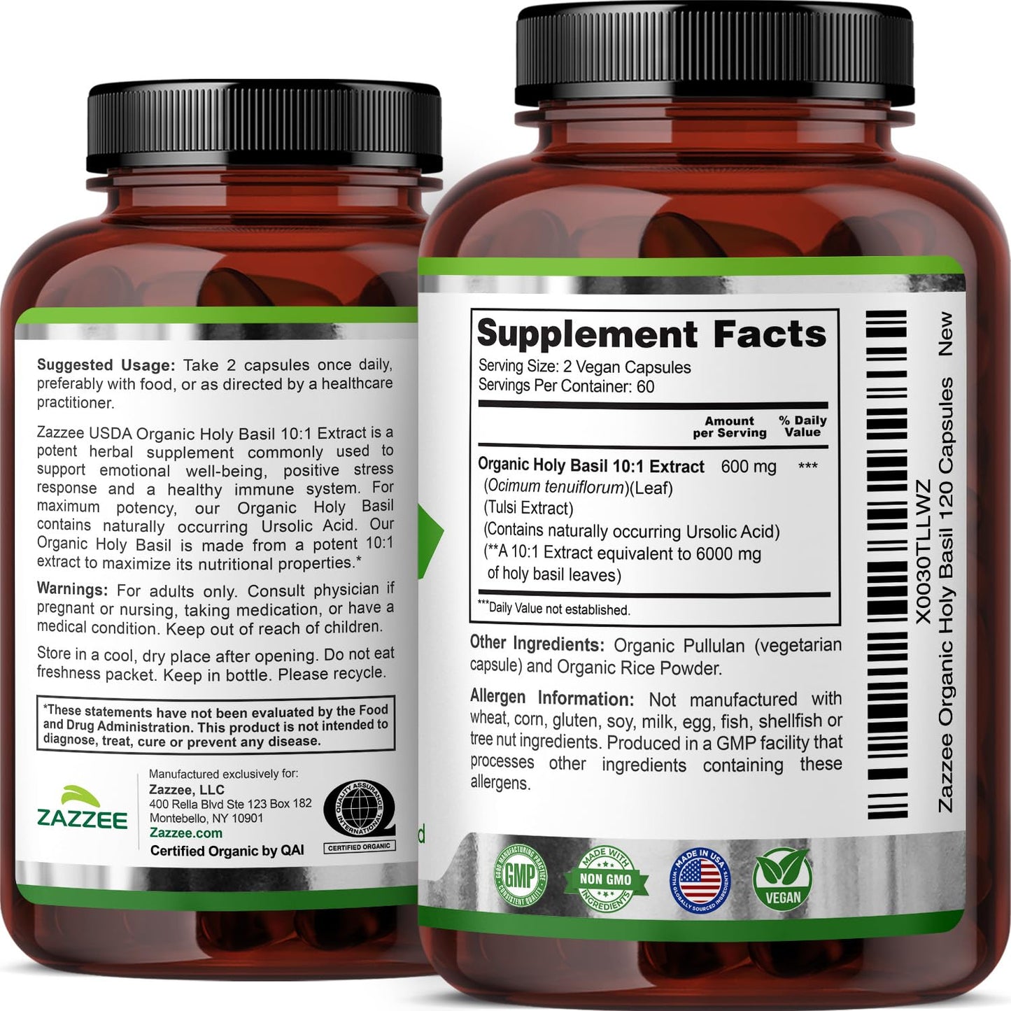 Zazzee Organic Holy Basil 6000 mg | 10:1 Extract, 120 Veg Caps
