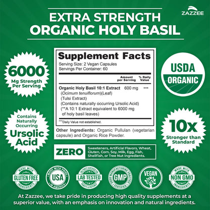 Zazzee Organic Holy Basil 6000 mg | 10:1 Extract, 120 Veg Caps