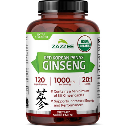Zazzee USDA Organic Red Korean Panax Ginseng – 20:1 Extract, 1000 mg, 120 Vegan Capsules