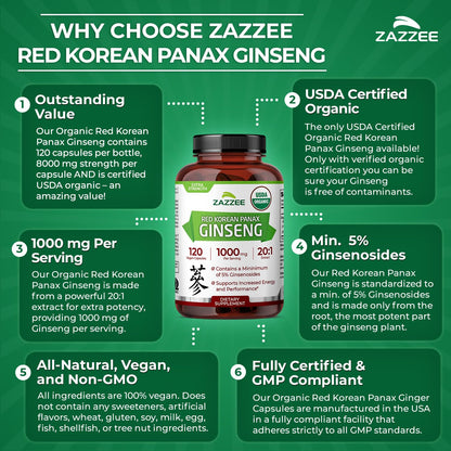Zazzee USDA Organic Red Korean Panax Ginseng – 20:1 Extract, 1000 mg, 120 Vegan Capsules