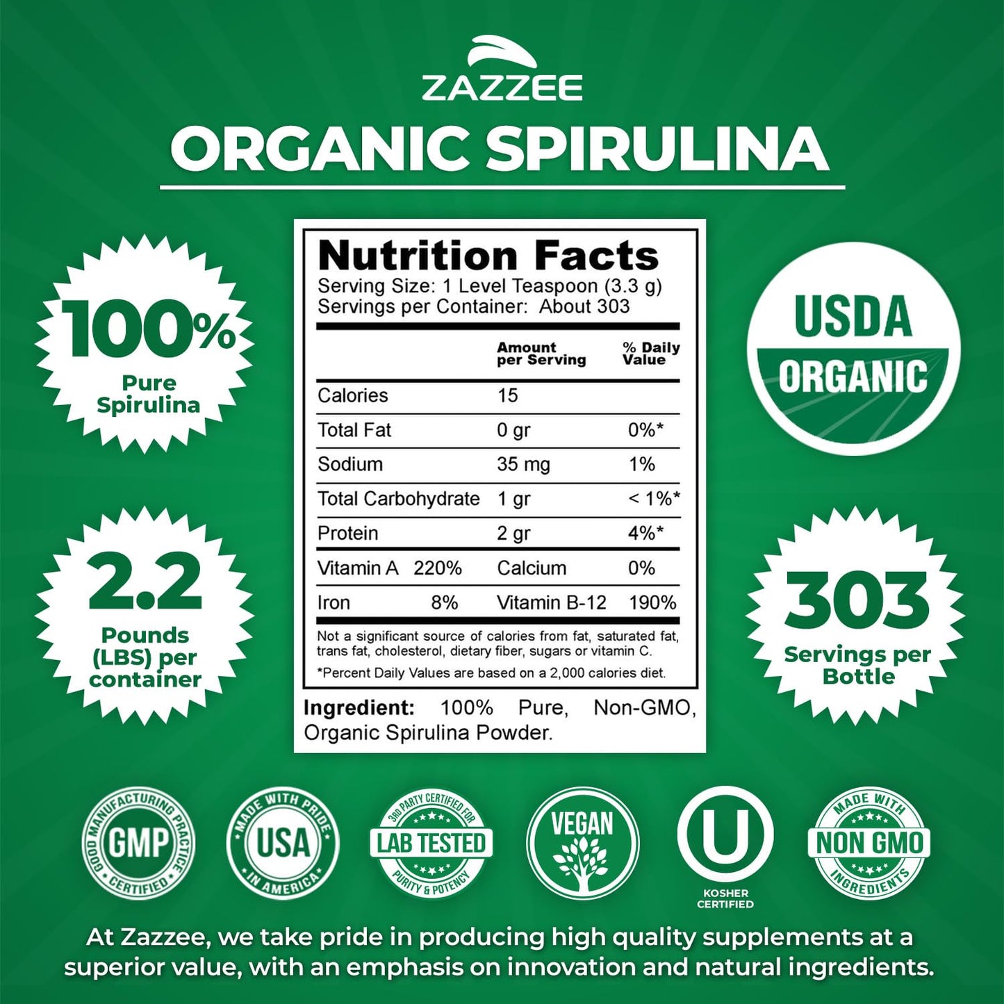 Zazzee Organic Spirulina Powder – 2.2 lb / 1 KG, USDA Certified, 303 Servings, Kosher, Non-GMO, Gluten-Free