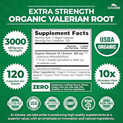 Zazzee USDA Organic Valerian Root 10:1 Extract – 3000 mg, 120 Veg Capsules, Made in USA