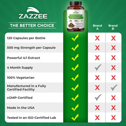 Zazzee OSHA Root 4:1 Extract - 500 mg, 120 Vegan Capsules, 4-Month Supply