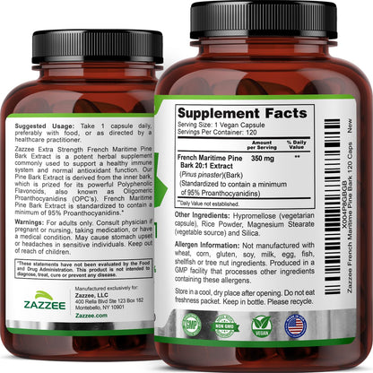 Zazzee Extra Strength French Maritime Pine Bark 20:1 Extract – 350 mg per Capsule, 120 Vegan Capsules, 95% Proanthocyanidins, Made in USA