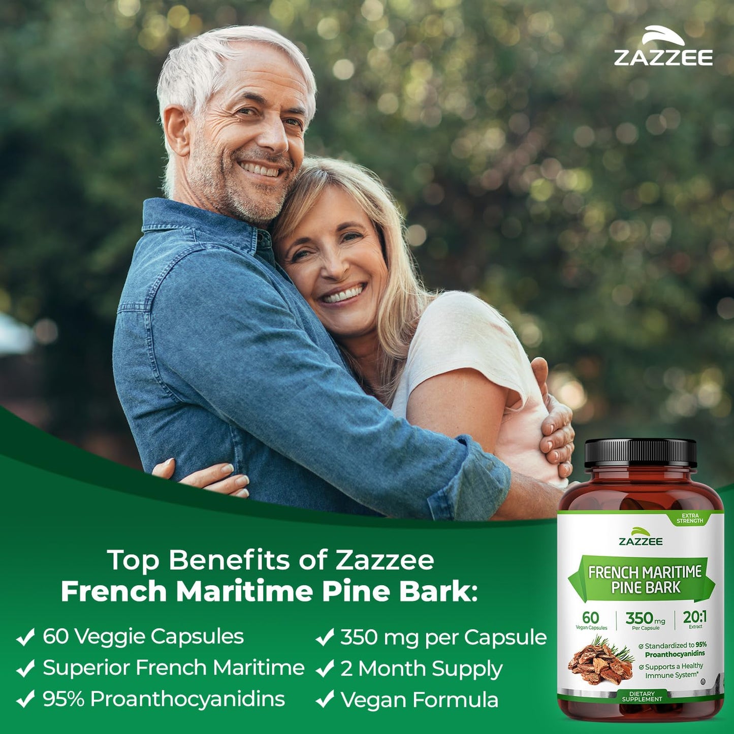 Zazzee French Maritime Pine Bark 350 mg - 60 Vegan Capsules, 95% Proanthocyanidins