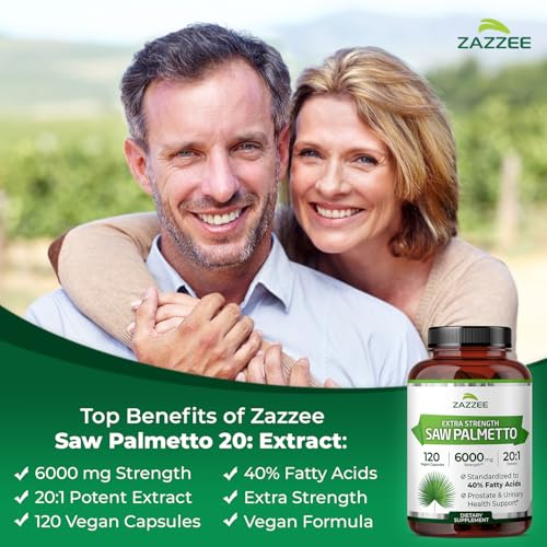 Zazzee Extra Strength Saw Palmetto 20:1 Extract – 6000 mg per Capsule, 4 Month Supply, 40% Fatty Acids, 120 Vegan Capsules, Non-GMO, Made in USA