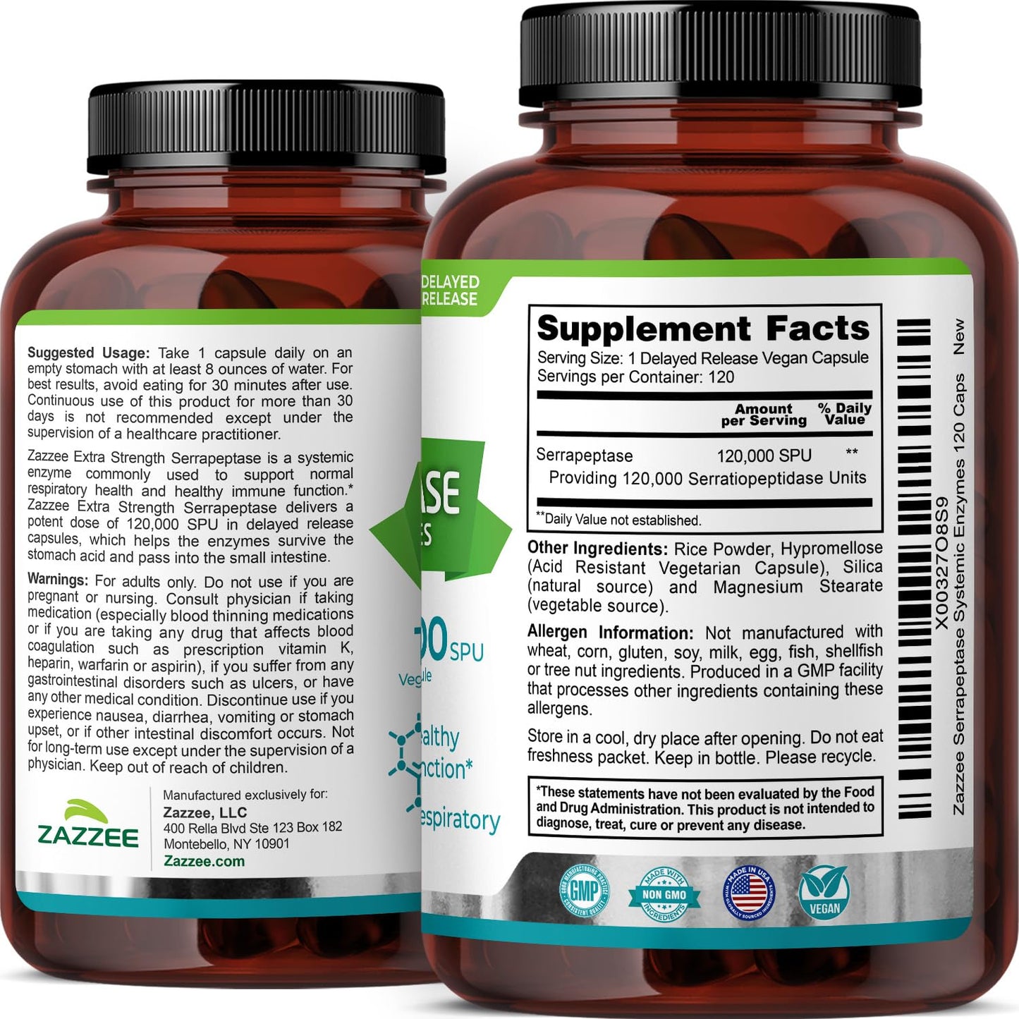 Zazzee Delayed Release Serrapeptase, 120,000 SPU per Capsule, 120 Vegan Capsules, 4-Month Supply, Extra Strength, All-Natural & Non-GMO