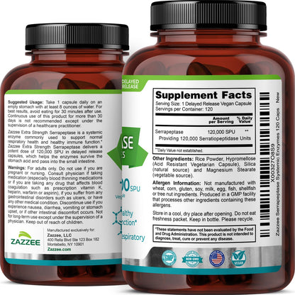 Zazzee Delayed Release Serrapeptase, 120,000 SPU per Capsule, 120 Vegan Capsules, 4-Month Supply, Extra Strength, All-Natural & Non-GMO