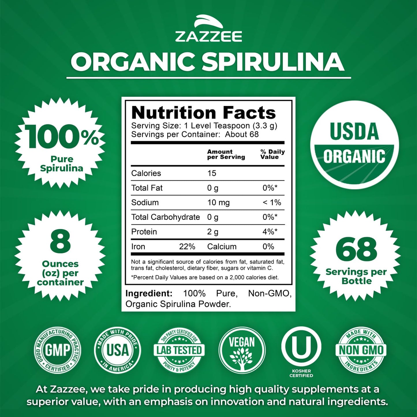 Zazzee Organic Spirulina Powder, 8 Ounces – USDA Certified Organic, 68 Servings