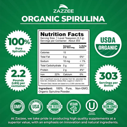 Zazzee Organic Spirulina Powder – 2.2 lb / 1 KG, USDA Certified, 303 Servings, Kosher, Non-GMO, Gluten-Free