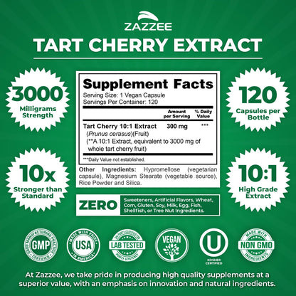 Zazzee Tart Cherry 10:1 Extract – 3000 mg Strength, 120 Vegan Capsules, 4-Month Supply