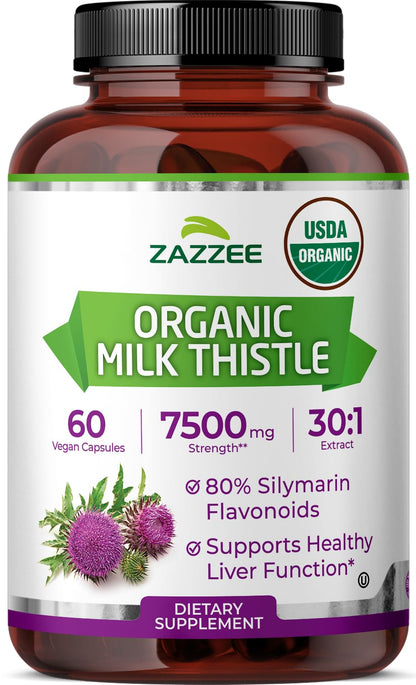 Zazzee USDA Organic Milk Thistle - 30:1 Extract, 7500 mg per Capsule | 60 Vegan Capsules | 80% Silymarin | Made in USA