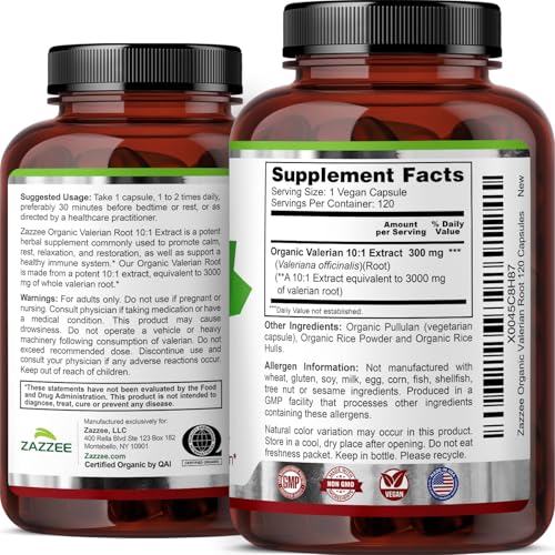 Zazzee USDA Organic Valerian Root 10:1 Extract – 3000 mg, 120 Veg Capsules, Made in USA