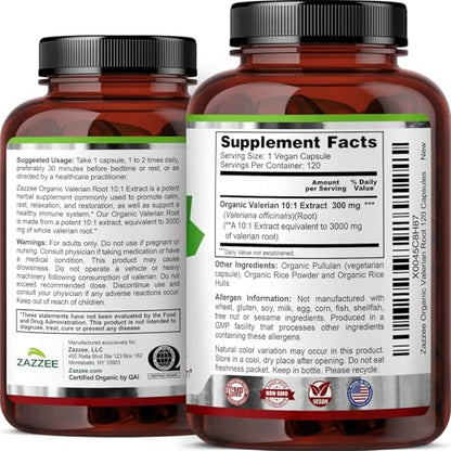 Zazzee USDA Organic Valerian Root 10:1 Extract – 3000 mg, 120 Veg Capsules, Made in USA