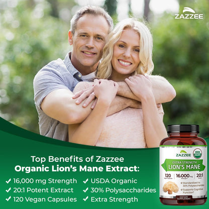 Zazzee USDA Organic Lion's Mane 20:1 Extract – 16,000 mg per Capsule, 120 Vegan Capsules, Made in USA