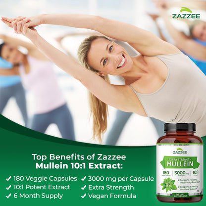 Zazzee Extra Strength Mullein 10:1 Extract – 3000 mg per Capsule, 180 Vegan Capsules, USA Made