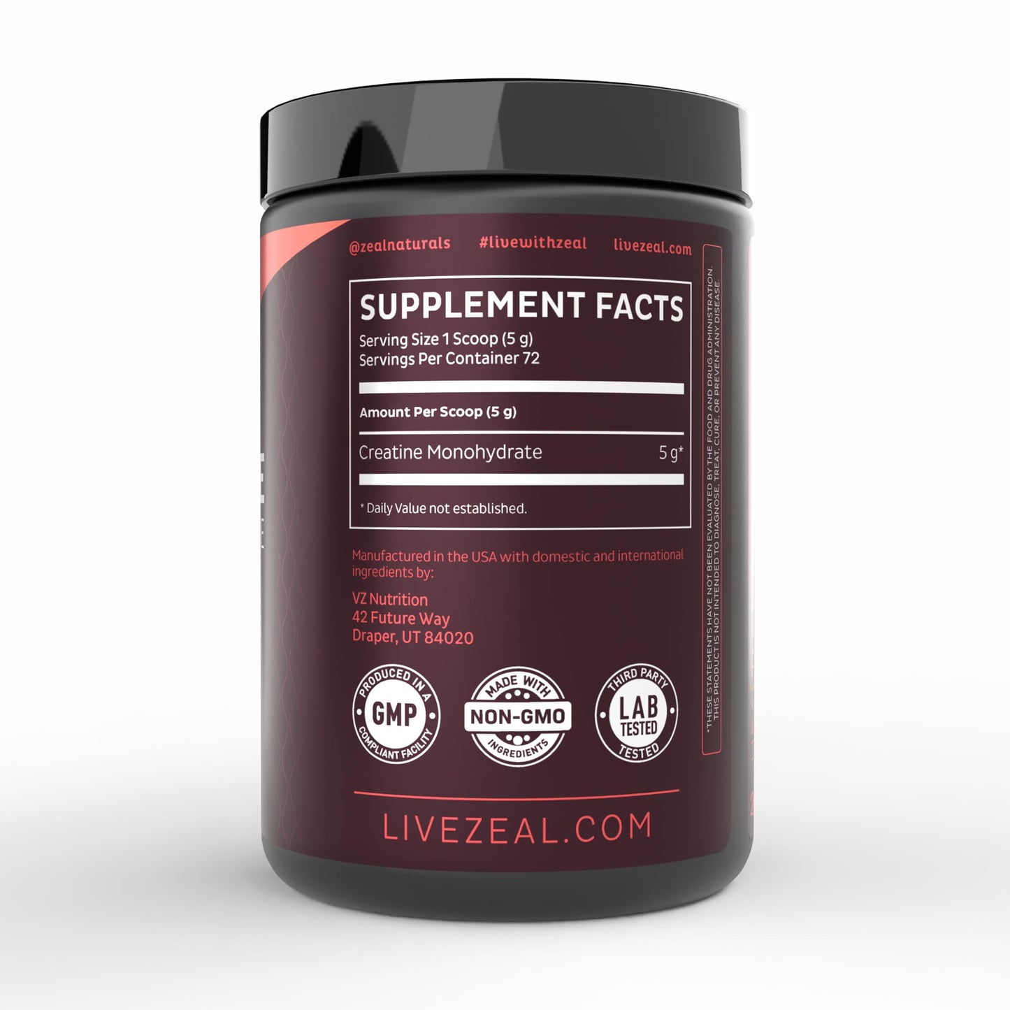 Zeal Micronized Creatine Monohydrate Powder – Unflavored, 5g per Serving | 72 Servings