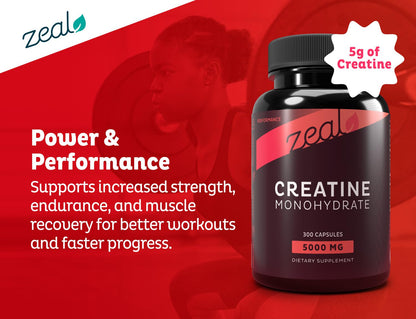 Zeal Creatine Monohydrate - 300 Capsules, Unflavored | Creatine Supplement