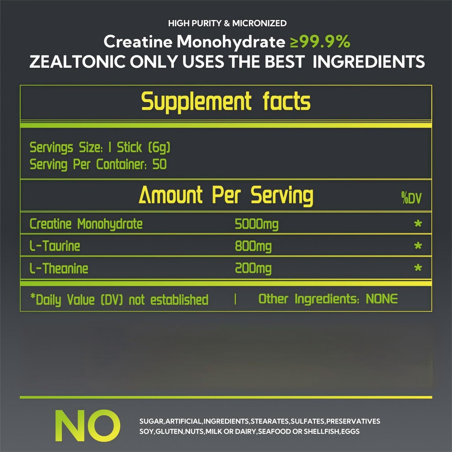 Zealtonic 5000mg Creatine Monohydrate Pack – 100 Servings with Taurine & L-Theanine