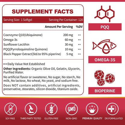 ZEBORA CoQ10-200mg Softgels with PQQ, BioPerine & Omega-3 – 120 Servings