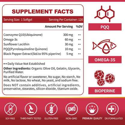 ZEBORA CoQ10 300mg Softgels with PQQ, BioPerine & Omega-3 – 120 Servings | High-Absorption Coenzyme Q10