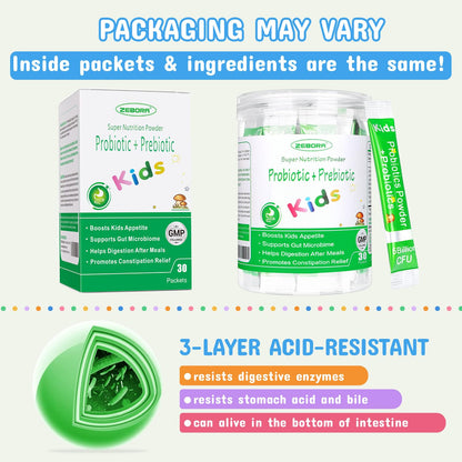 ZEBORA Kids Probiotic & Prebiotic Powder (3+) – 5B CFU, 30 Packets, Non-GMO, Gluten-Free