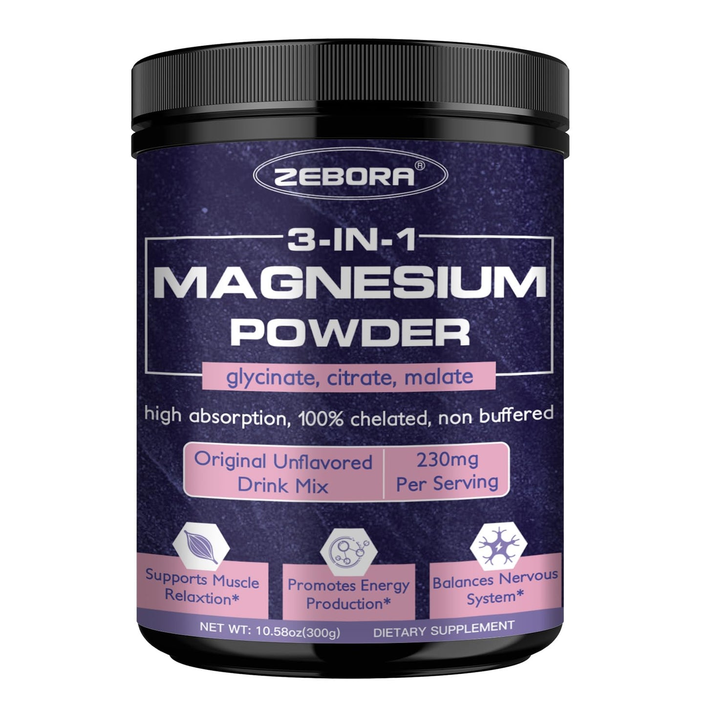 ZEBORA Magnesium Powder – 3-in-1 Chelated Mg (Glycinate, Citrate, Malate) for Sleep, Muscle & Brain Health | Vegan, Non-GMO, 10.58oz
