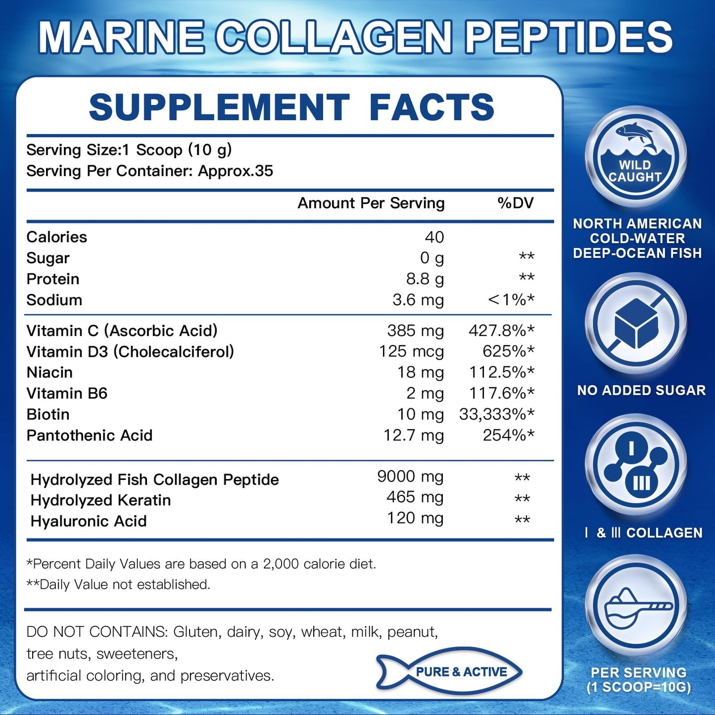 ZEBORA Marine Collagen Peptides Powder with Hyaluronic Acid & Keratin | 35 Servings