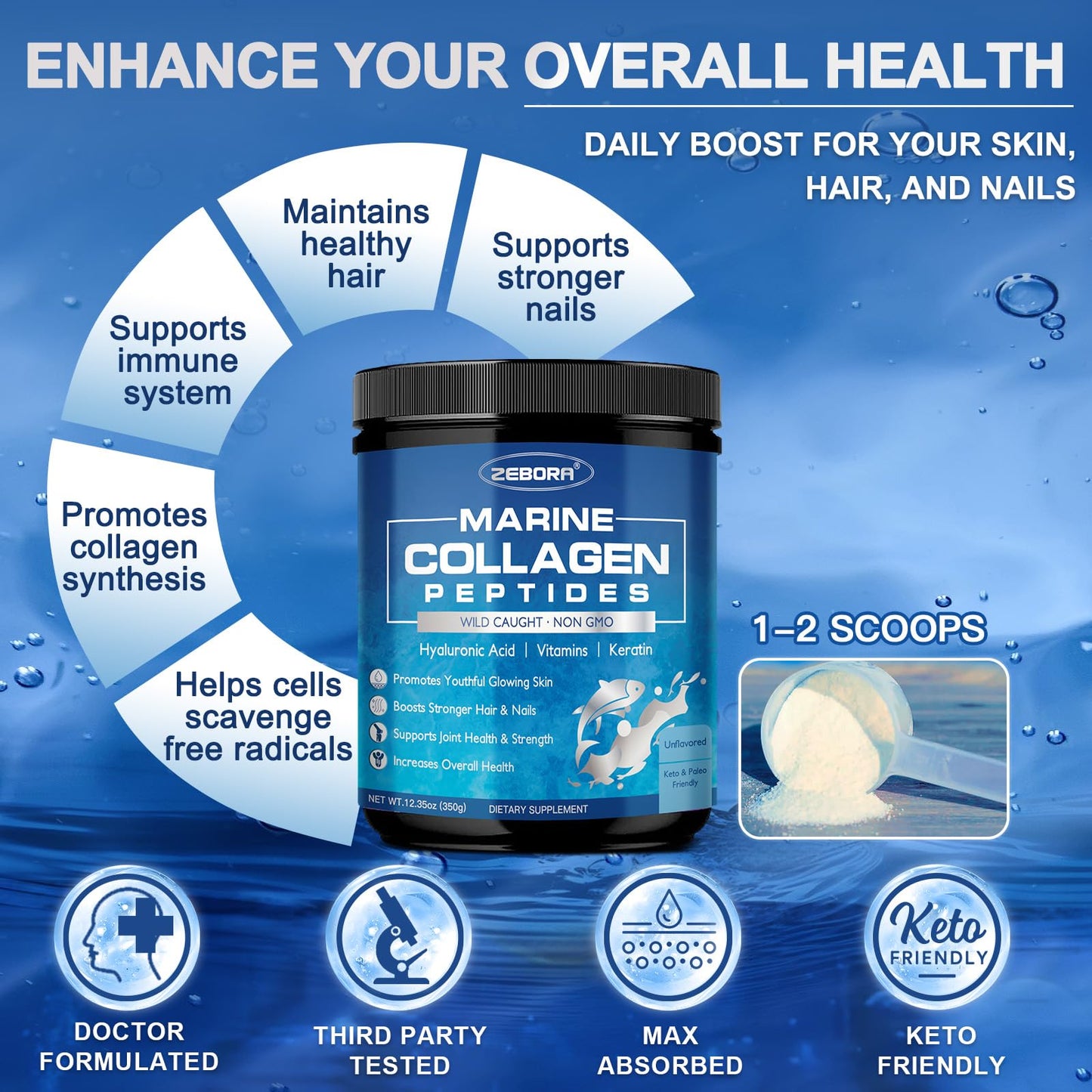 ZEBORA Marine Collagen Peptides Powder with Hyaluronic Acid & Keratin | 35 Servings