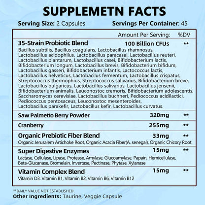 ZEBORA Probiotics for Men 100B CFU - Digestive Health & Prostate Support, Saw Palmetto, 90 Veg Capsules