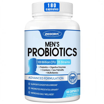 ZEBORA Probiotics for Men – 100 Billion CFU, Gut Health & Prostate Support, Cranberry & Saw Palmetto, 180 Caps