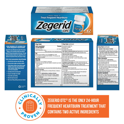 Zegerid OTC 24-Hour Heartburn Relief | Omeprazole 20 mg + Sodium Bicarbonate | 42 Capsules