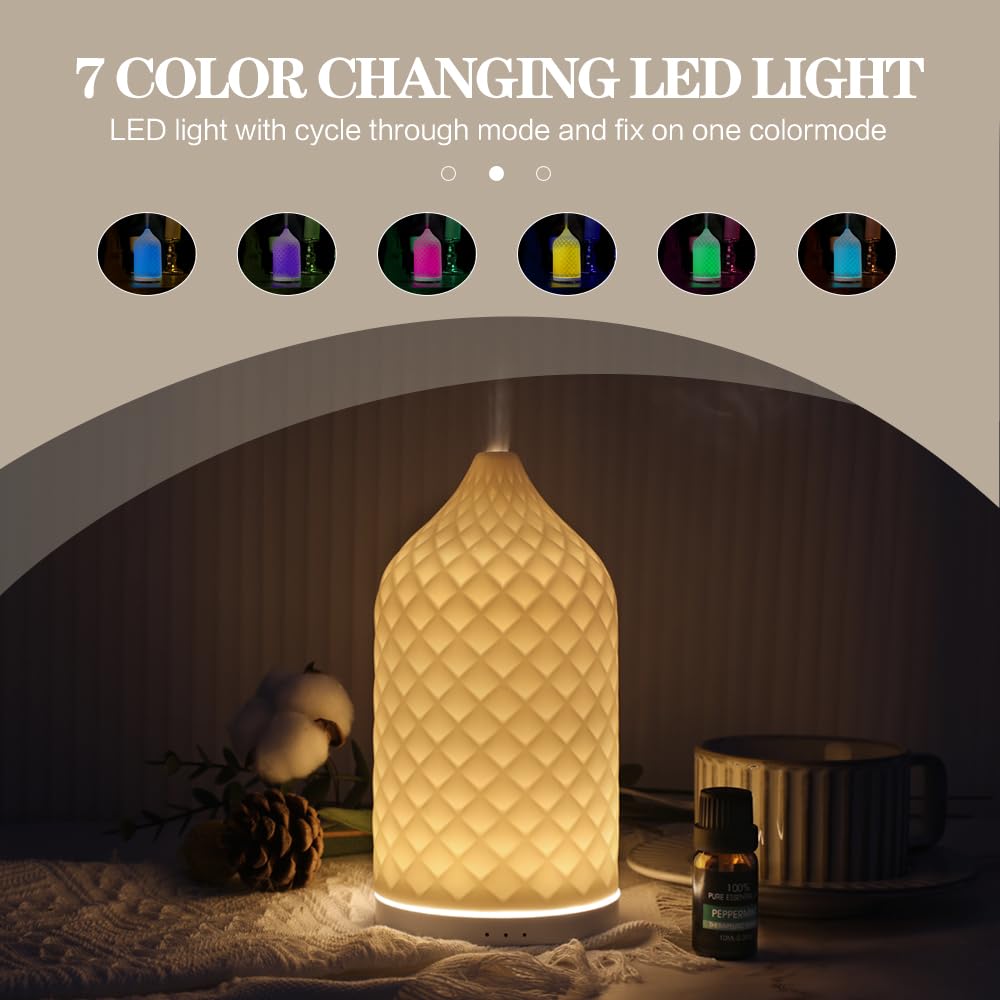 ZEIGGA LAB Essential Oil Diffuser – White Ceramic 120ml Aromatherapy Diffuser with Waterless Auto-Off, 7 LED Lights for Large Room