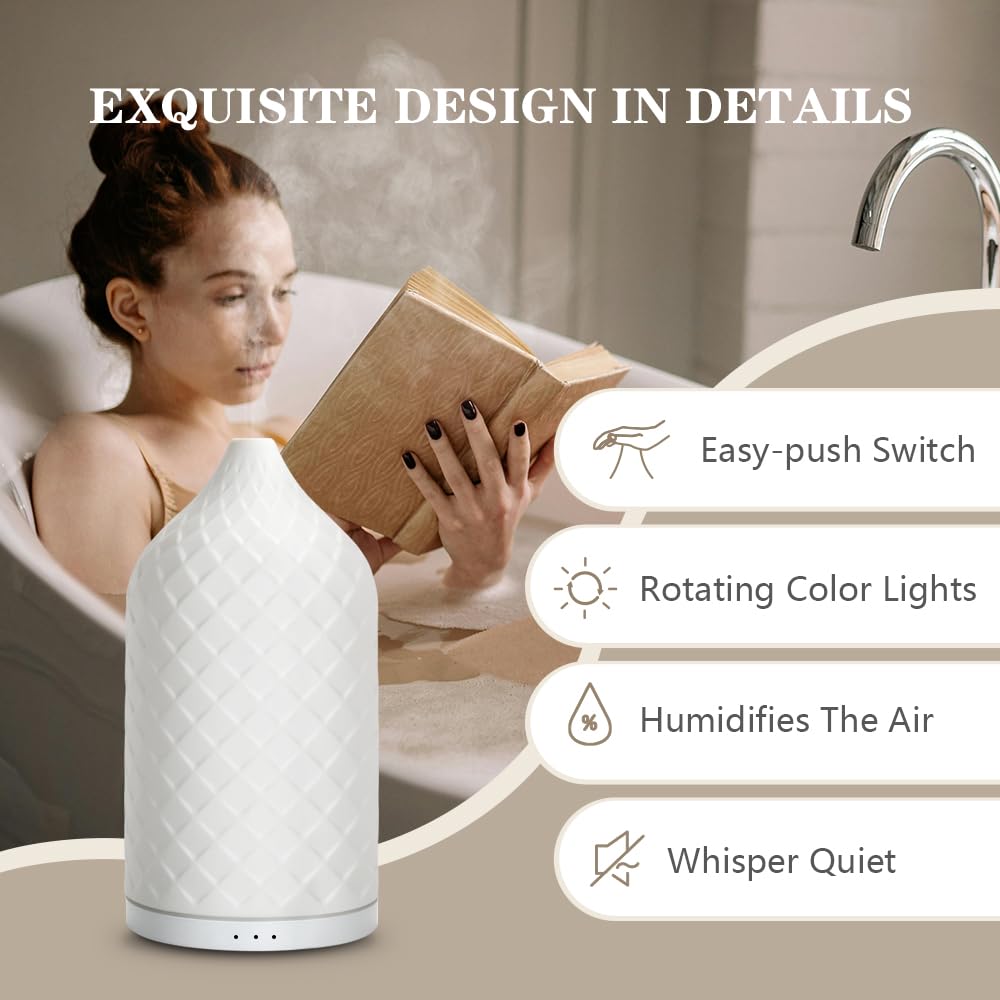ZEIGGA LAB Essential Oil Diffuser – White Ceramic 120ml Aromatherapy Diffuser with Waterless Auto-Off, 7 LED Lights for Large Room