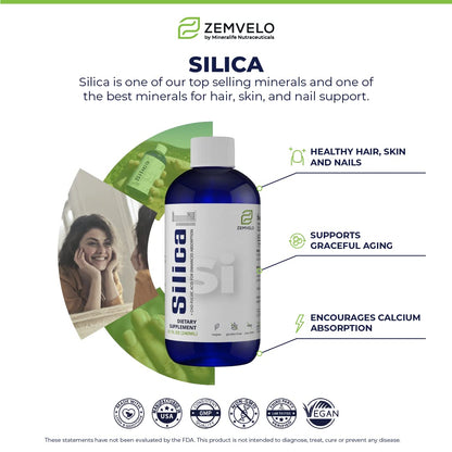 Zemvelo Liquid Ionic Silica - Hair, Skin & Nails Nutrition | Collagen & Joint Support | 8 oz