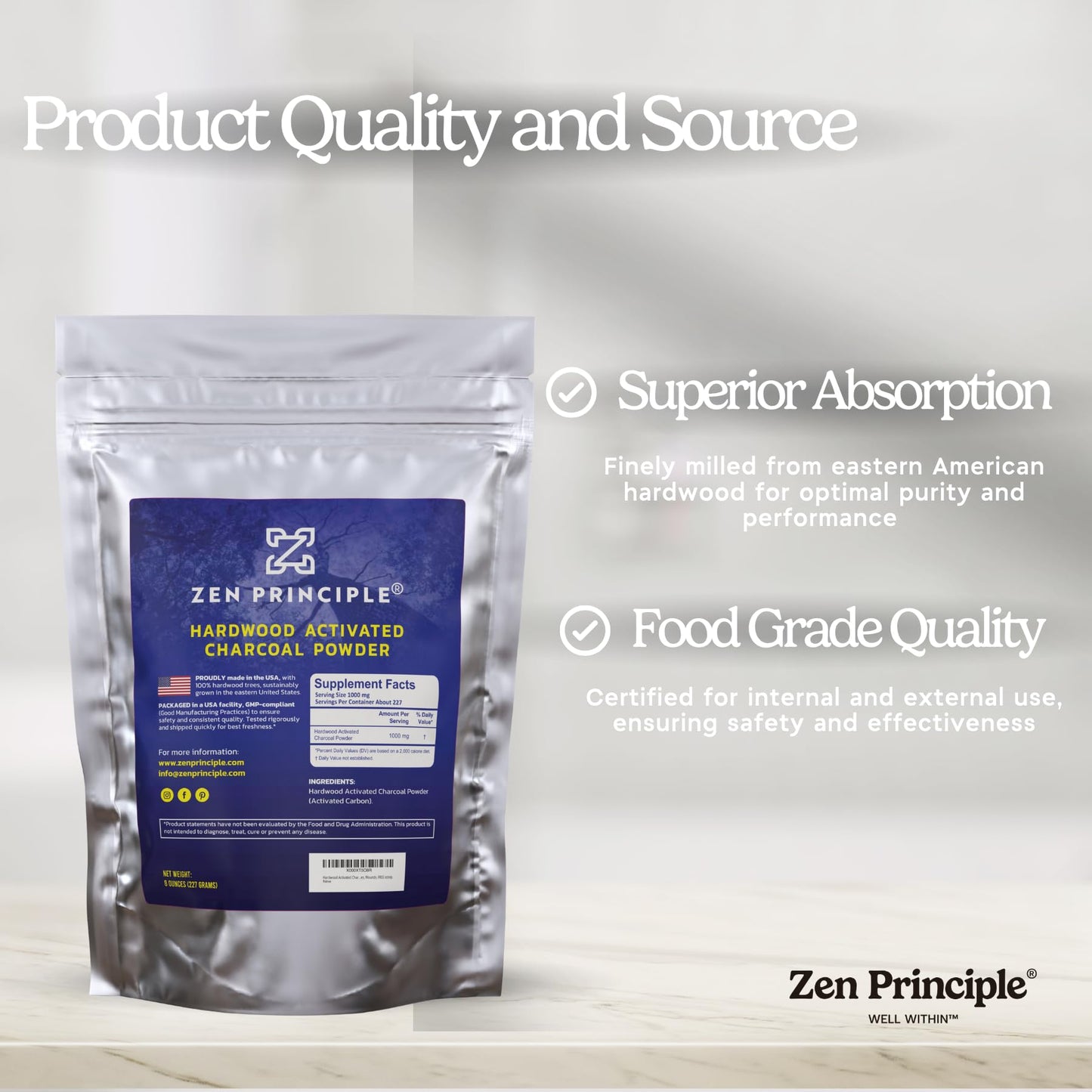 Zen Principle Hardwood Activated Charcoal Powder – All Natural 40 oz | Teeth Whitening, Skin & Hair Health, Digestive Support | 100% USA Hardwood