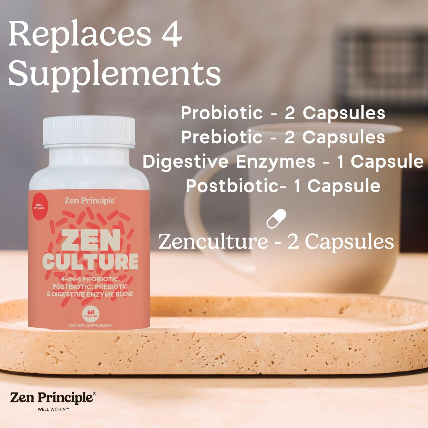 Zen Principle Zenculture™ – 4-in-1 Synbiotic Supplement (Probiotic + Prebiotic + Postbiotic + Digestive Enzymes) with CoreBiome® • 60 Capsules