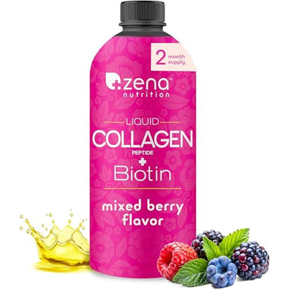 Zena Nutrition Liquid Collagen with Biotin – Type I & III, Verisol, Mixed Berry (60 Servings)