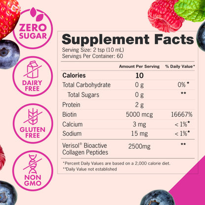 Zena Nutrition Liquid Collagen with Biotin – Type I & III, Verisol, Mixed Berry (60 Servings)