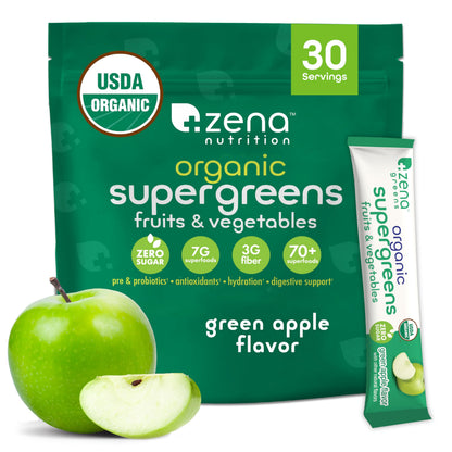 Zena Nutrition Organic Super Greens Powder — 70+ Superfoods, 0 Sugar, 30 Packets