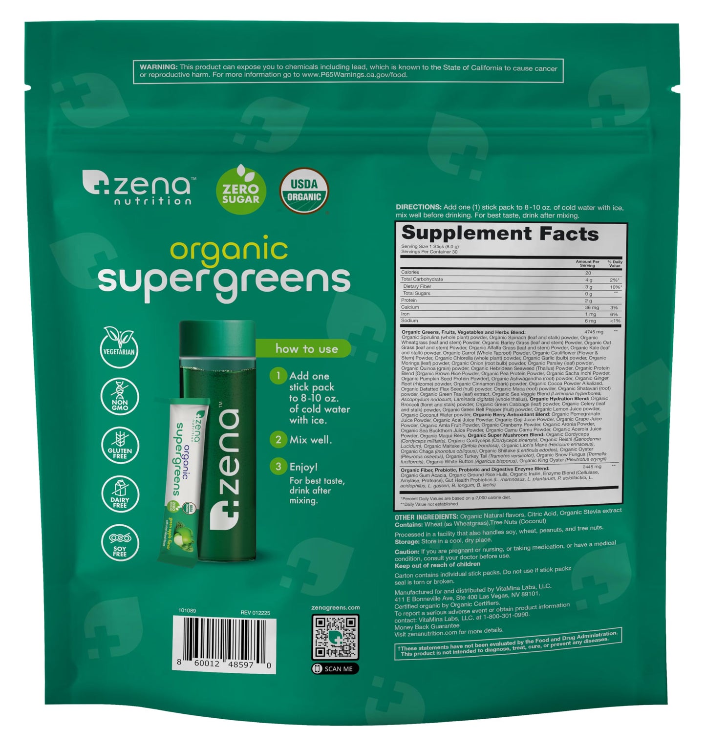Zena Nutrition Organic Super Greens Powder — 70+ Superfoods, 0 Sugar, 30 Packets