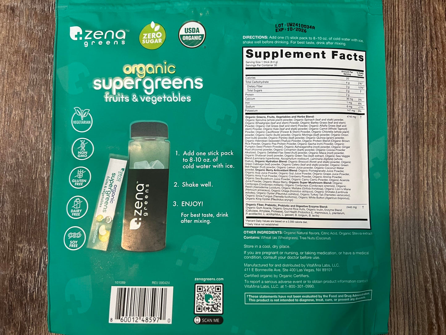 Zena Nutrition Organic Super Greens Powder — 70+ Superfoods, 0 Sugar, 30 Packets
