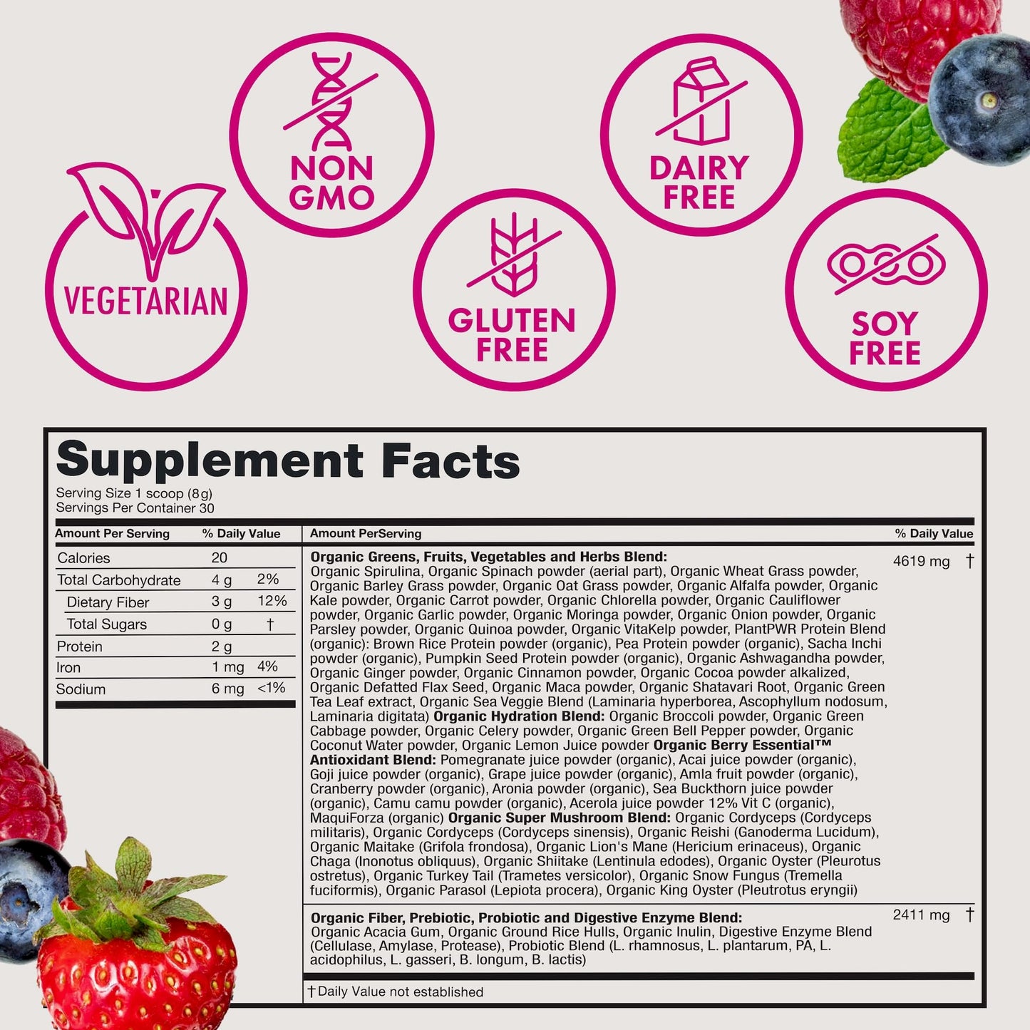Zena Nutrition Organic Super Greens Powder, 70+ Superfoods, 0 Sugar, 3G Fiber, Spirulina, Chlorella, Antioxidants, Prebiotics/Probiotics, Digestive Enzymes, Mixed Berry, 30 Servings