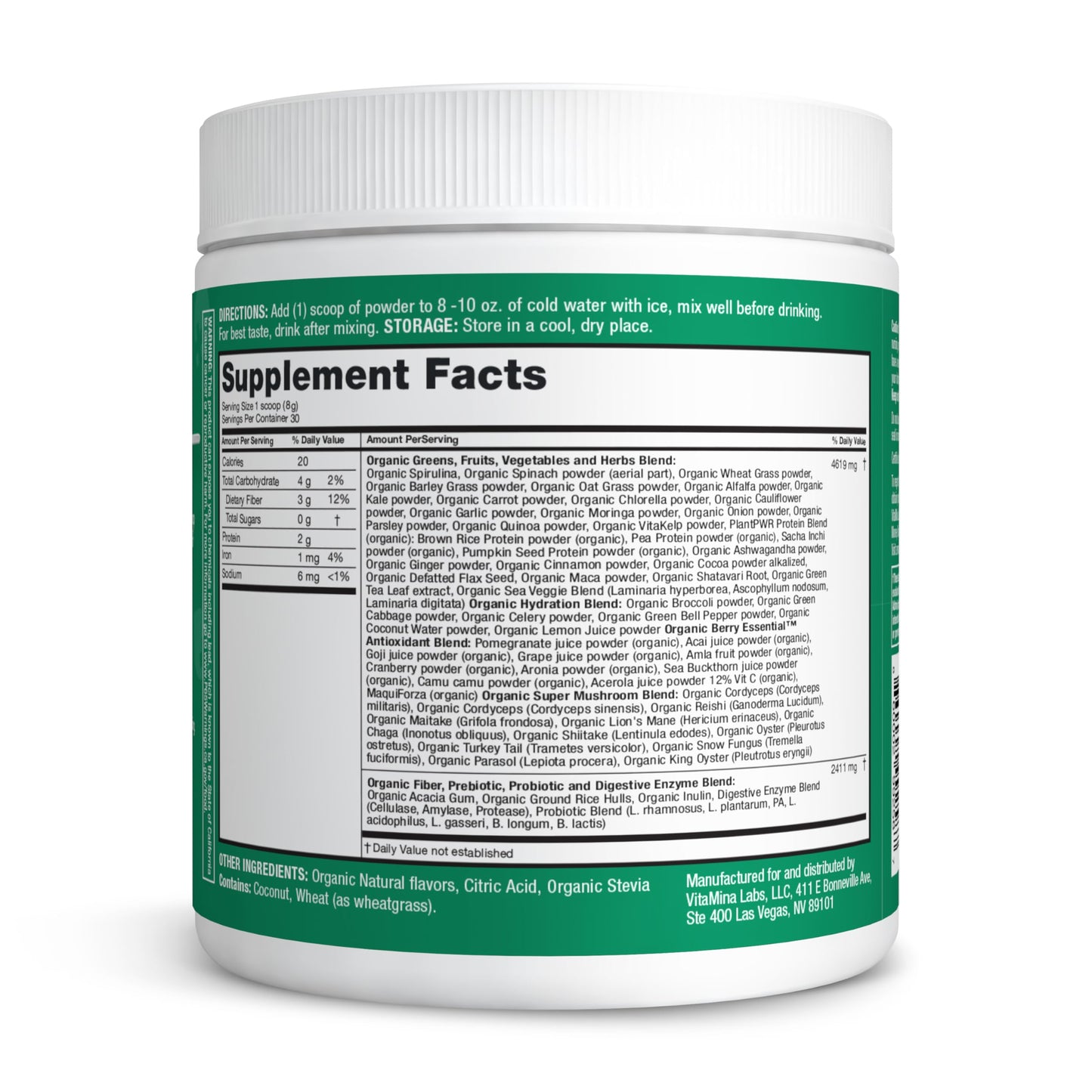 Zena Nutrition Organic Super Greens Powder, 70+ Superfoods, 0 Sugar, 3G Fiber, Spirulina, Chlorella, Antioxidants, Prebiotics/Probiotics, Digestive Enzymes, Mixed Berry, 30 Servings