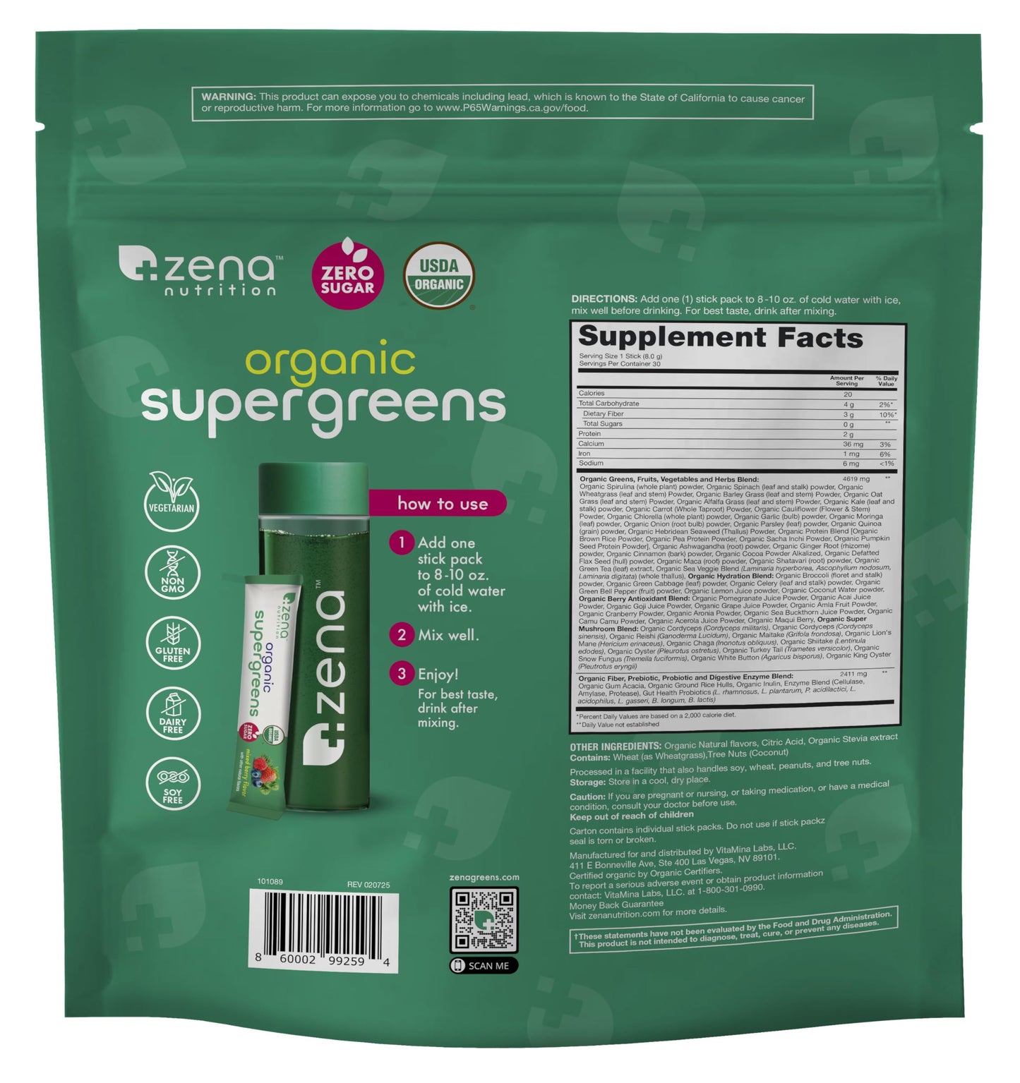 Zena Nutrition Organic Super Greens Powder – 70+ Superfoods, 0 Sugar