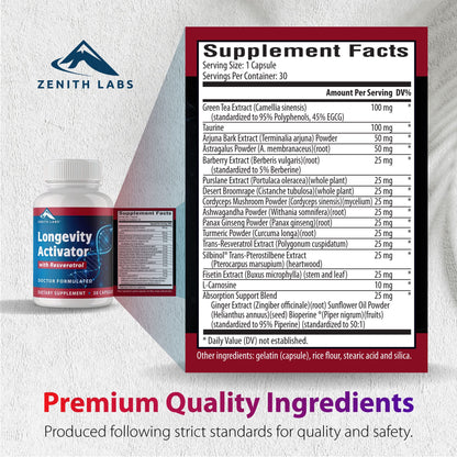 Zenith Labs Longevity Activator - Anti-Aging Supplement with Resveratrol (3-Pack) | Immune & Memory Support